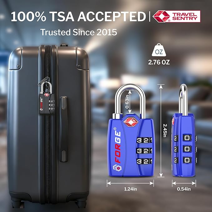 Forge Open Alert TSA Approved Luggage Locks - 3 Digit Combination, Easy Read Dials, Zinc Alloy Body - Ideal Travel Lock for Luggage, Suitcases, Bags & Toolboxes (Blue 4Pk)