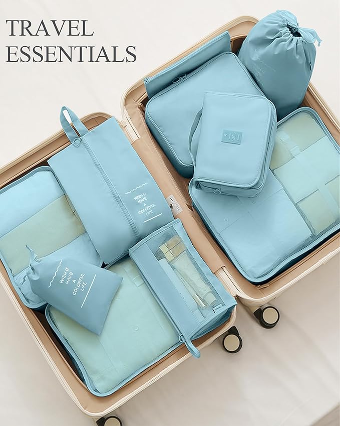 Packing Cubes 10 PCS, Mesh Breathable Luggage Organizers Bags, Packing Organizers, Durable Travel Essentials Bags Set, Travel Packing Organizers, Lake blue