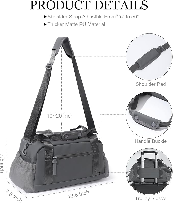 Small Gym Bag for Women, Mini Crossbody Gym Duffle Bag with Wet Compartment, Carry on Gym Tote Bag for Workout Dance Sport Travel (Medium-Grey)