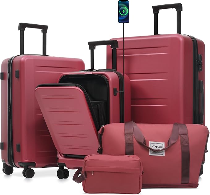 Merax Luggage Sets 5 Piece Front Open, Hardside 20" Carry On Suitcase Set with USB Port,Lightweight Expandable Travel 24" 28" Luggage with Bags TSA Locks Double Spinner Wheels,Red