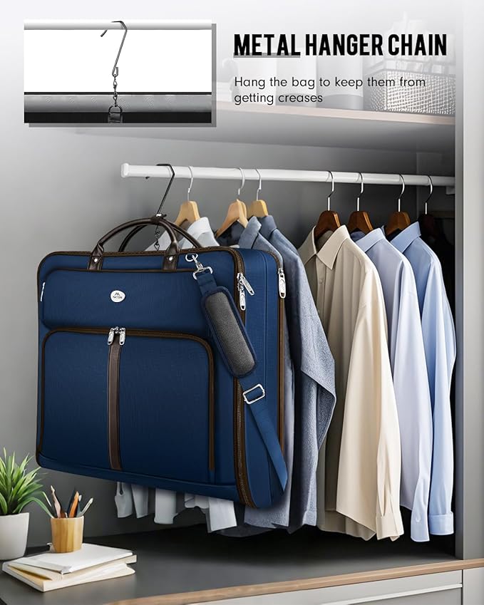MATEIN Suit Bag Travel, Large Travel Garment Bag Up to 7 Suits with Strap, Business Foldable Garment Carrier Fit 17.3 inch laptop, 2 in 1 Carry On Hanging Luggage Suitcase with Shoe Compartment, Blue