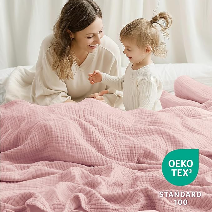 100% Cotton Muslin Blanket Queen 90" x 90", 6 Layers Breathable and Lightweight Cotton Throw Blankets for Bed, Soft Cooling Summer Gauze Blanket for Adults All Season, Dusty Rose‌