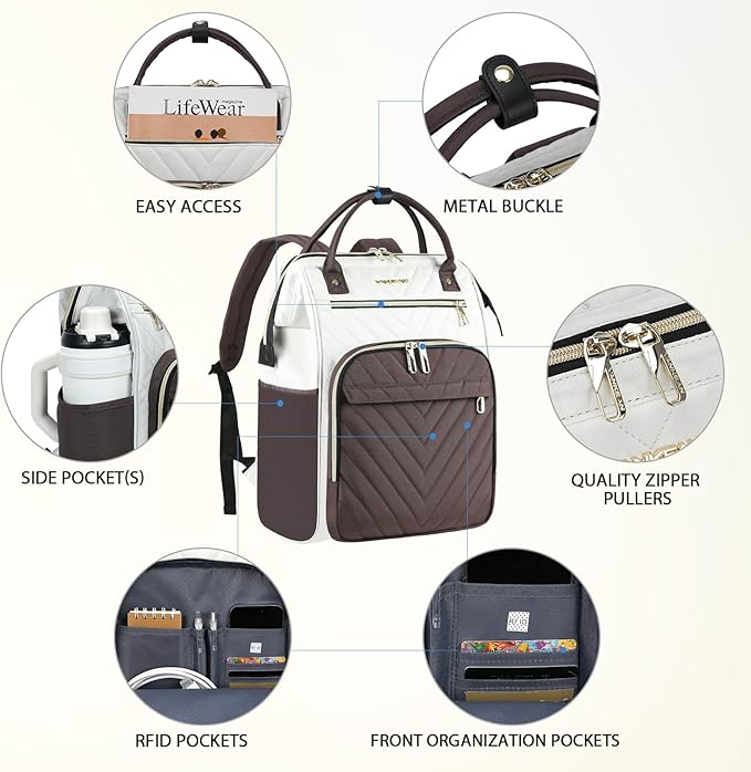 VANKEAN 17 Inch Laptop Backpack for Women Men Fashion Computer Work Bag, Large Capacity Waterproof Backpack with USB Port & RFID Pockets, College Daypack Business Travel, Beige-Coffee