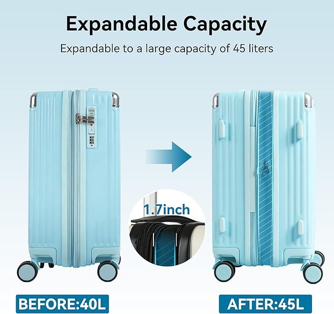 20 Inch Carry On Luggage with Spinner Wheels,PC Expandable Hard Shell Suitcase with USB Port,Lightweight Travel Luggage Airline Approved for Men Women (Mint blue)