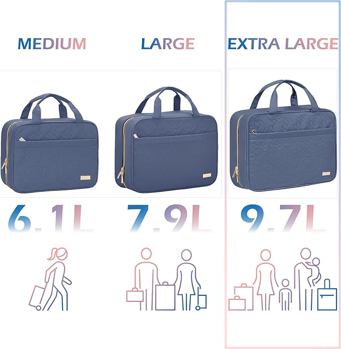 NISHEL Travel Toiletry Bag for women, Portable Hanging Organizer for Family-Sized Shampoo, Conditioner, Brushes Set, Makeup Accessories, Extra Large Size, Aegean-Blue