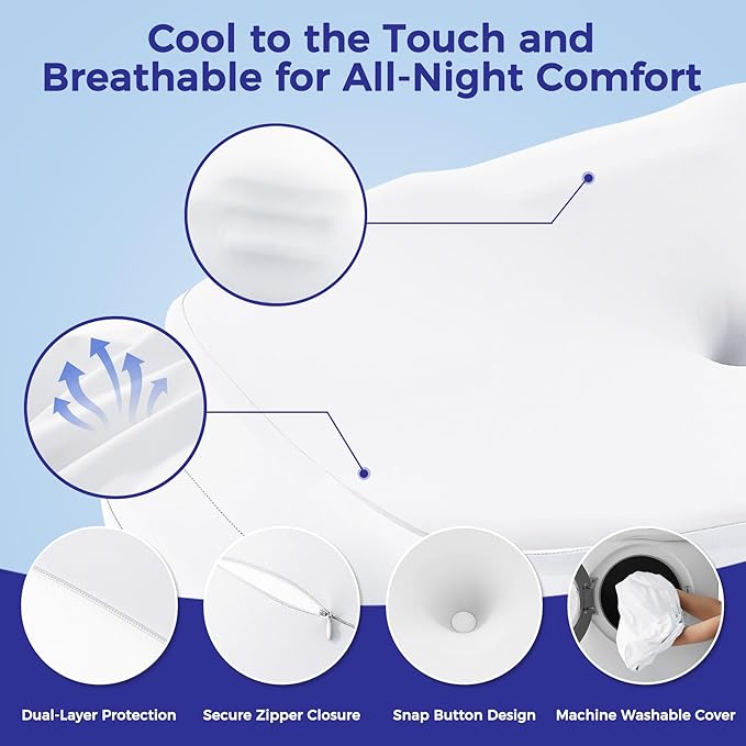 Cervical Neck Pillow for Pain Relief, Ergonomic Contour Pillow for Sleeping, Back Stomach Side Sleeper Pillows for Adults, Memory Foam Dual-Height Neck Support Pillow with Cooling Case, White