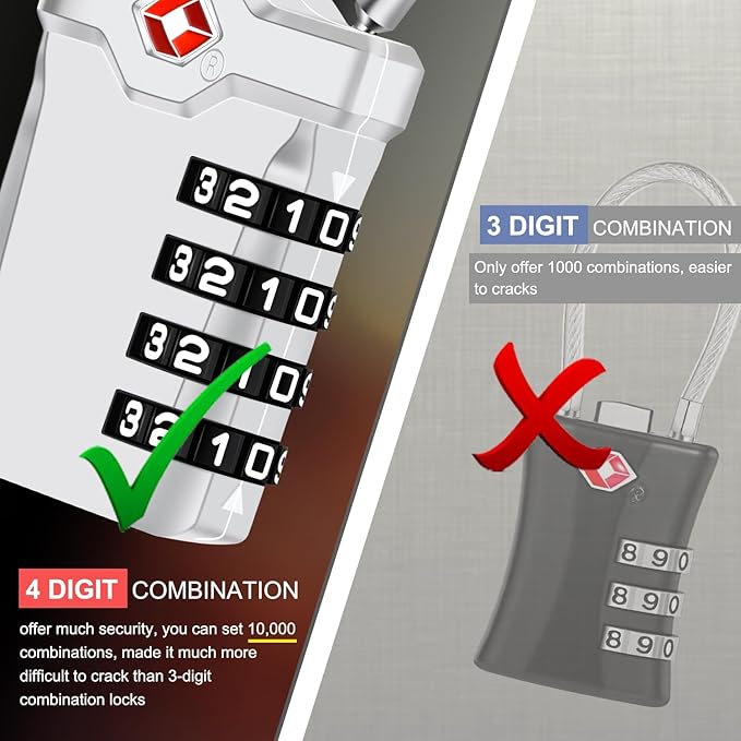 2 Packs TSA Luggage Locks with 14cm Flexible Cable, Diyife 4-Digit Combination Travel Lock Security Padlock for Suitcase Luggage Backpack School or Gym Cabinet, etc. (Silver)