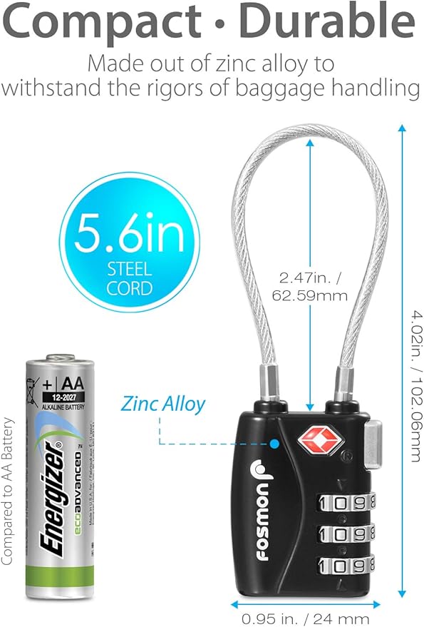 Fosmon TSA Approved Cable Locks for Luggage, Suitcase, Gun Case with Push Release Button, 3 Digit Long Shackle Combination Wire Locks for Backpack Zipper Anti Theft, Gym Locker -2 Pack, Black