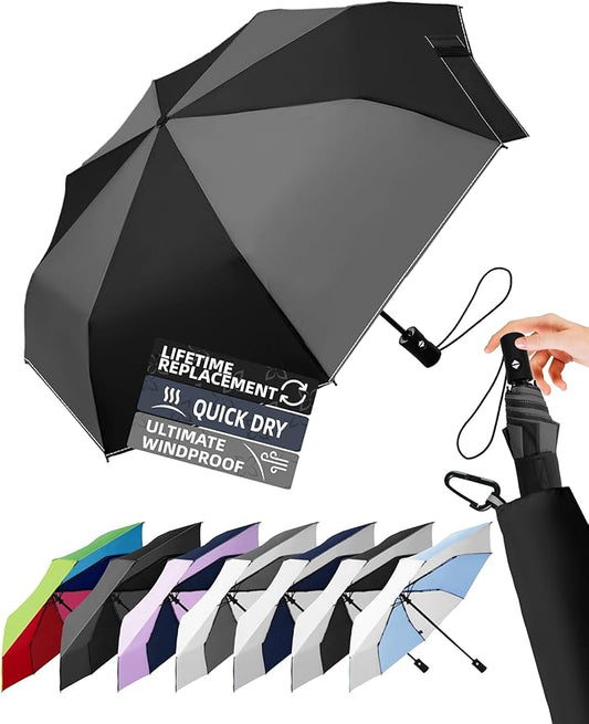 Windproof Travel Umbrella for Rain - 43" Auto Open Close 8-Rib Compact, Stylish Two-Tone Color Block Design, Easy-Close Folding Portable Parasol for Men & Women