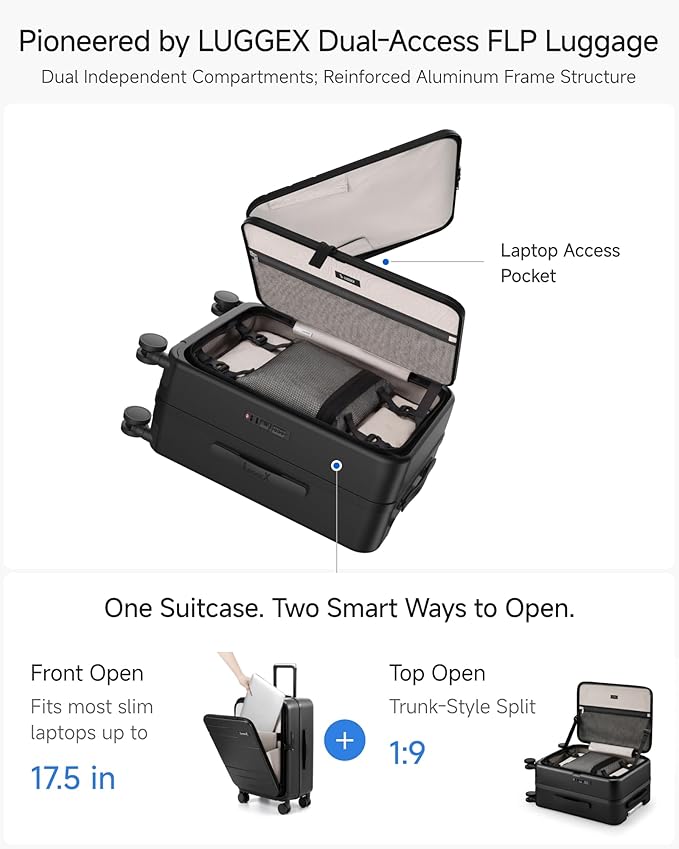LUGGEX Carry On Luggage Top Opening & Front Opening, FLP Aluminum Frame Trunk Style Luggage with Front Pocket, Polycarbonate Hard Shell Suitcase (FX- Enhance, Blue, 21 Inch, 38L)
