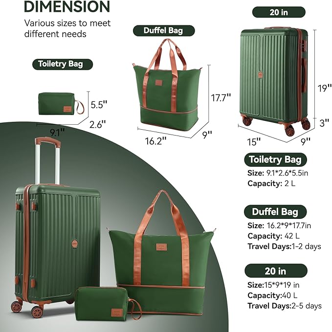 Hoteel Luggage Sets 3 Piece ABS+PC Hardside, 4-Year Warranty, Luggage Set with Spinner Wheels, TSA Lock, Lightweight Carry on Luggage, 20" Suitcase with Duffel & Organizer, Dark Green
