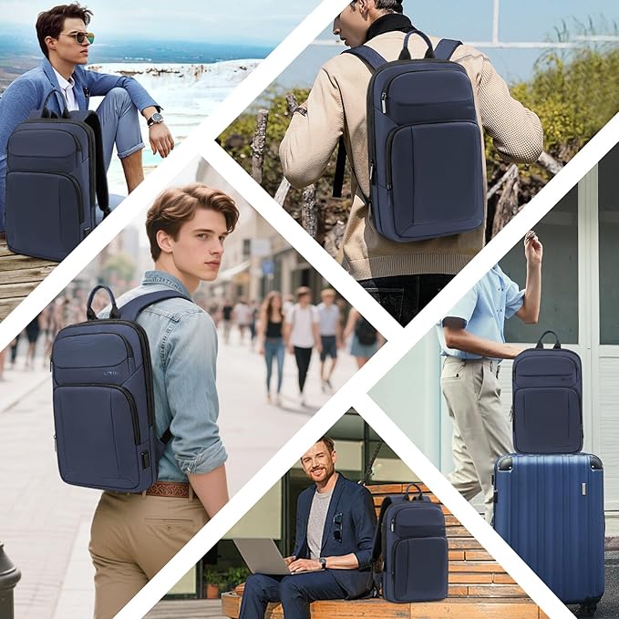 Backpack for Men Slim & Expandable Travel Laptop Backpack with USB Charging Port Water Resistant Anti-Theft Business Backpack Fits 17.3In Laptop for Commute Work College with Small Bag (Navy Blue)