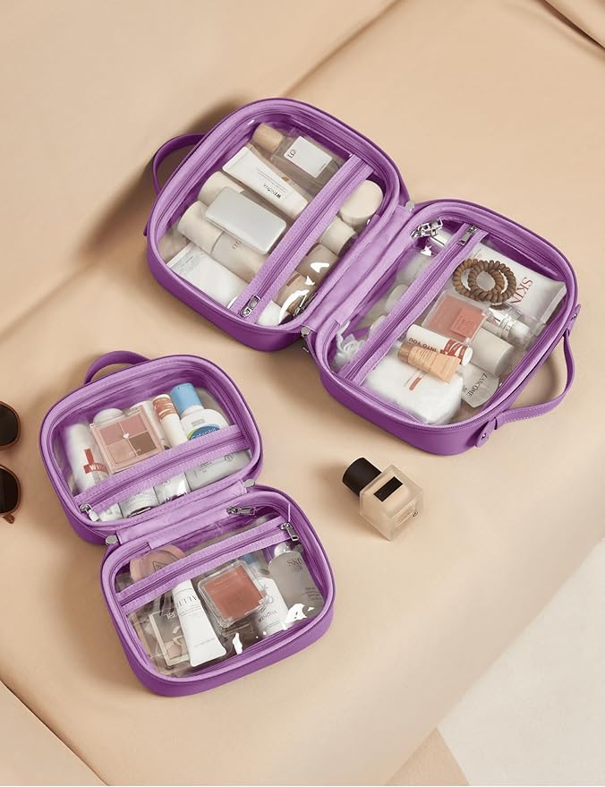 Clear Cosmetic Bag Double Layer Travel Toiletry Bag Clear Makeup Bag Case with 4 Compartments, Transparent Travel Bag for Toiletries, Large Toiletry Bag for Women Cosmetic Case (Purple, Small)