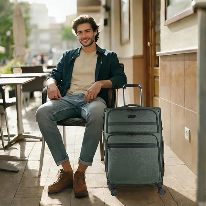 KROSER Softside Expandable checked Luggage with Front Business Pockets，24 Inch Suitcases with Spinner Wheels & Built-in TSA Lock, Durable Suitcase Rolling Luggage, Army Green