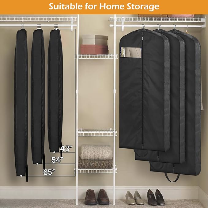 MISSLO 65" Long Garment Bags for Travel Dress Bags for Hanging Clothes Waterproof Wedding Dress Cover Traveling Clothing Protectors for Closet Storage 3-Pack for Gowns, Tuxedos, Coats, Black