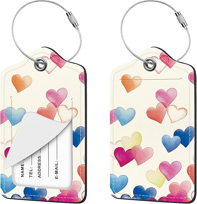 2 Pcs Luggage Tags for Suitcases, Love Heart Cute PU Leather Suitcase Tag Privacy Cover Name ID Label with Metal Loop, Personalized Baggage Identifier for Women Cruise Bag Travel Essentials