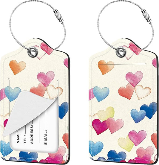 2 Pcs Luggage Tags for Suitcases, Love Heart Cute PU Leather Suitcase Tag Privacy Cover Name ID Label with Metal Loop, Personalized Baggage Identifier for Women Cruise Bag Travel Essentials