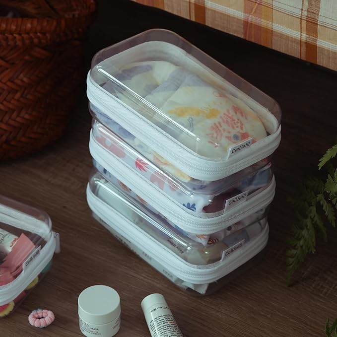 CoiiJoii Zippered Pouch Hard, Clear Zippered Hard Pouch, Stackable Storage Bins, Portable Clear Bin Zipper (White, Small)