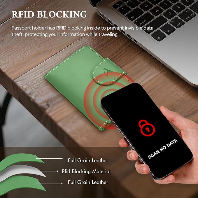ALLIVE Rfid Passport Holder for Travel Women, Rfid Passport Cover Wallet, Genuine Leather Passport Holder for Travel with AirTag Hidden, Airport Essentials, Travel Gifts (Avocado Green)
