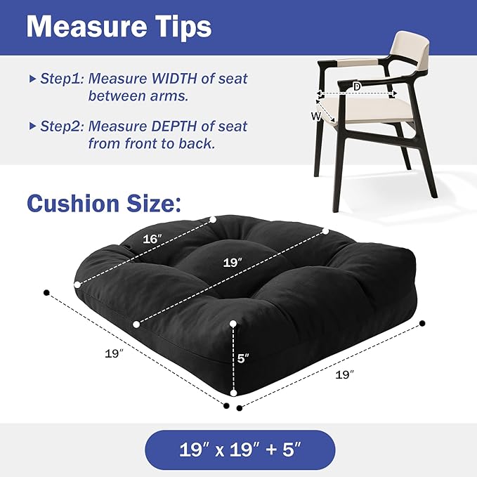 Outdoor Chair Cushions Set of 2, Patio Chair Cushions with Ties,19x19+5” Tufted Outdoor Seat Cushions, Waterproof Patio Furniture Cushions, Outdoor Dining Chair Pads, Black