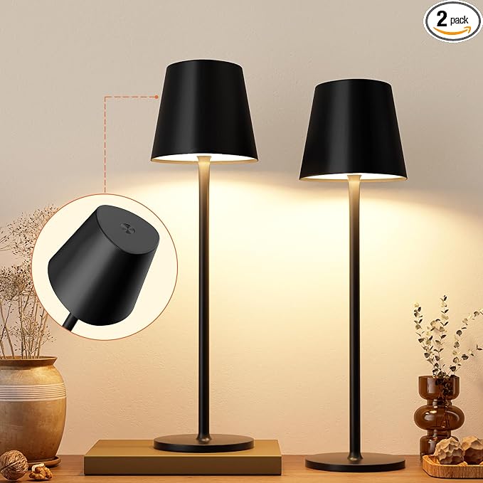Kakanuo Cordless Table Lamp, 3 Color Stepless Dimming, 5000mAh Rechargeable Battery Powered, Outdoor LED Lamps, for Dining Room, Living Room, Bedroom, Bar, Cafe, Restaurant, Patio, Camping - Black