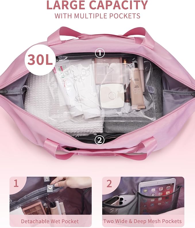 ECOHUB Travel Duffel Bag, Water Resistant Weekender Bag Carry On Bags for Women, Sport Gym Bags for Men, Hospital Bag for Labor and Delivery, Overnight Bag Luggage Bag with Trolley Sleeve 30L Pink