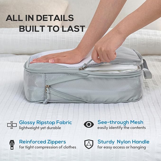 Compression Packing Cubes, 7 Set Packing Cubes for Travel Compression, Lightweight Compressible Package Organizer for Carry On and Suitcases, Light Grey
