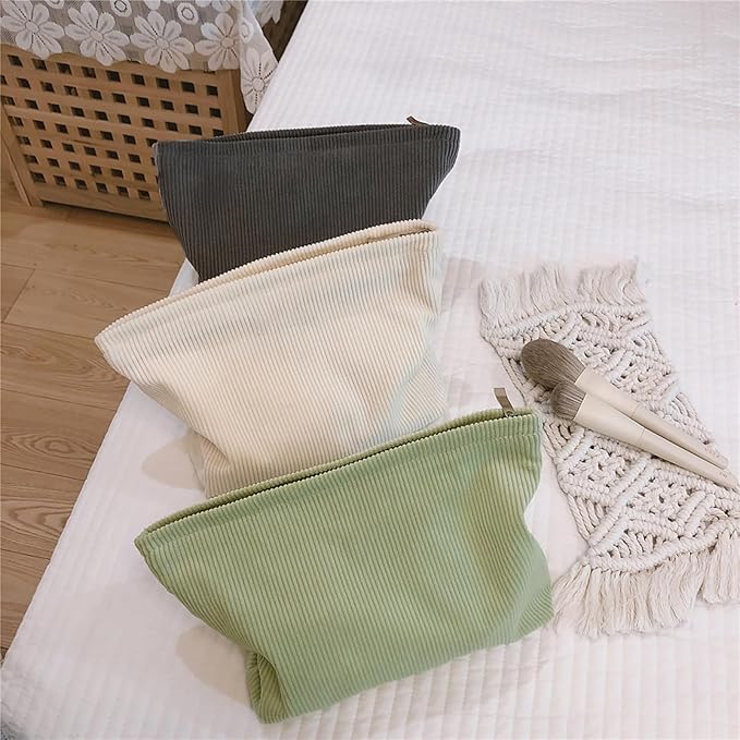 HAPPYHEIDI Fresh Green Corduroy Makeup Bag with Compartment Cosmetic Toiletry Travel Pouch, Make Up Accessory Purse Organizer, Canvas Lined