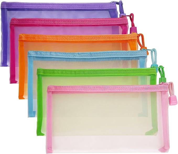 Mesh Pouches(6 Pack), Mesh Bags with Zipper Nylon Makeup Pouches Bag Cosmetic Pouch Travel Purse Organizer Insert Diaper Inside Bag Organizers Home Organizing Size See Through Cute Colors