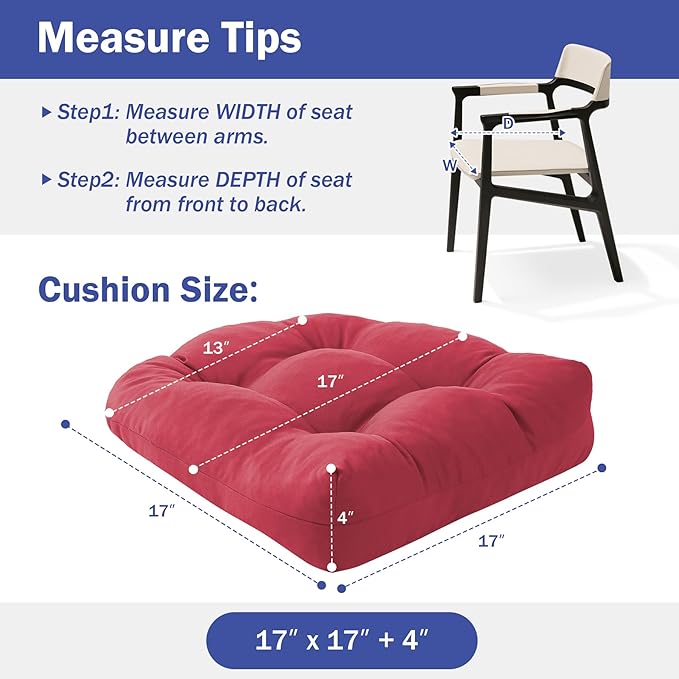 Outdoor Chair Cushions Set of 2, Patio Chair Cushions with Ties, 17x17+4” Tufted Outdoor Seat Cushions, Waterproof Patio Furniture Cushions, Outdoor Dining Chair Pads, Burgundy