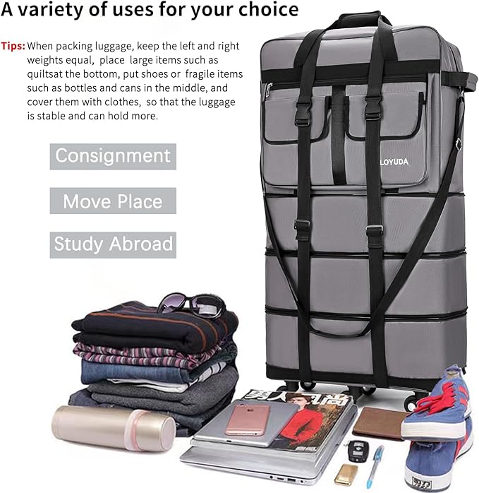 130L Expandable Luggage, 40 Inch Suitcase with Wheels, Collapsible Luggage with Wheels, Rolling Duffle Bag with wheels, Foldable Suitcasewith2Handle Wrap 2Fixing Straps 1Shoulder Strap (gray)