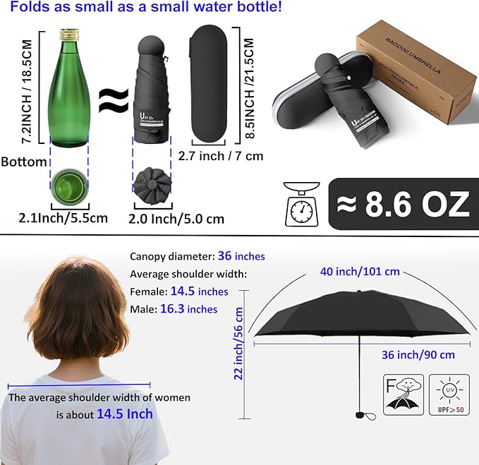 BAODINI Travel Essentials Mini Umbrella for Purse With Case Small Compact UV Sun Protection Lightweight Tiny Pocket Manual Open Close Umbrella for Women Kids and Men Fits Purse Backpack