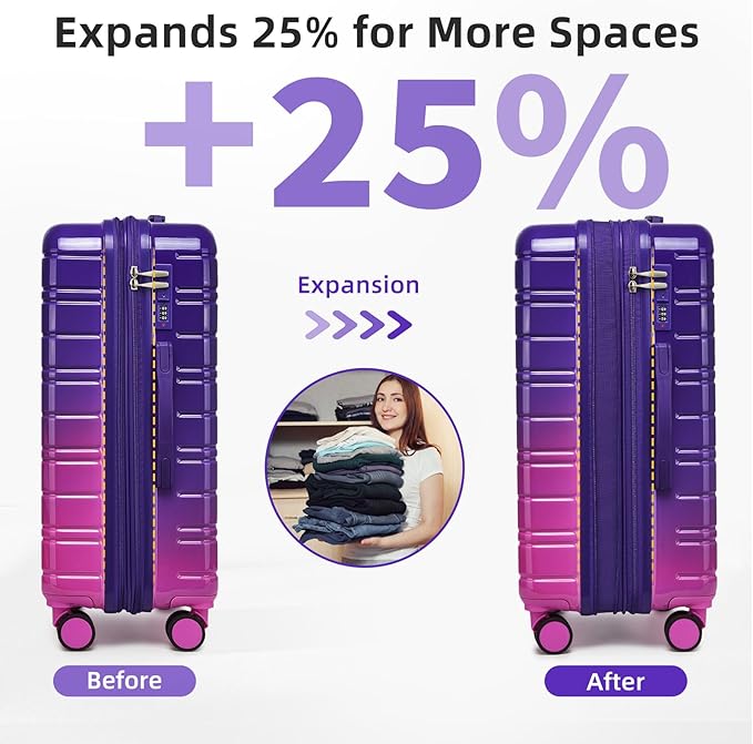LARVENDER 28 Inch Checked Luggage with Spinner Wheels, PC+ABS Expandable Large Suitcases with Wheels, Travel Luggage sets for Women and Men, Midnight Berry