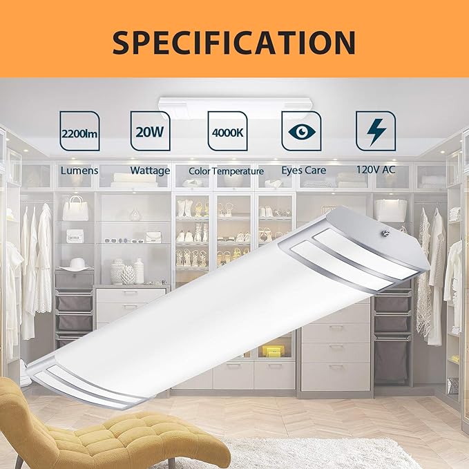 2FT LED Light 20W 2200lm LED Linear Flush Mount Lights, 4000K Neutral White, 2 Foot Kitchen LED Lighting Fixture Ceiling for Craft Room, Laundry, Fluorescent Tube Replacement