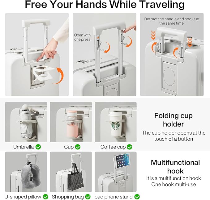 mixi Checked Luggage with Cup Phone Holder and Charger Hard Shell Suitcases with Spinner Wheels, 24 Inch Smoke White