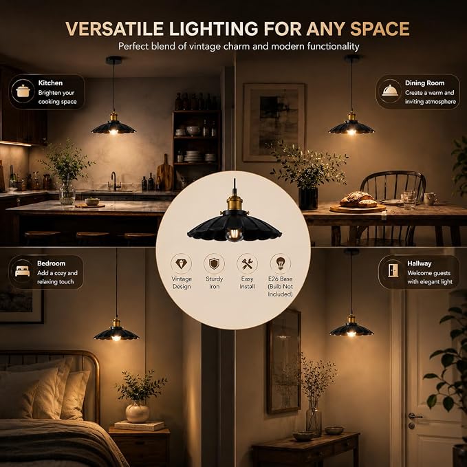 Black Pendant Light, 9.8 Inch Retro Hanging Lamp for Bedroom, Glossy Hanging Kitchen Lights Living Room 6.5Ft Height Adjustable Indoor Pleated Pendant Light
