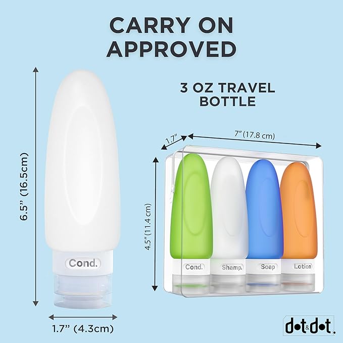 Dot&Dot Leak Proof Travel Bottles - Tubes for Liquid TSA Approved 3oz Silicone Toiletries Travel Shampoo & Conditioner Containers with Labels