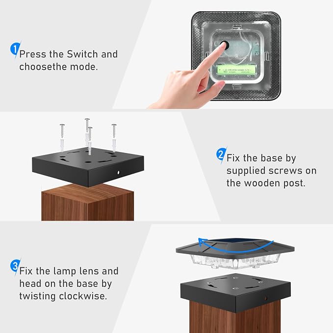 4 Packs 4x4 Solar Post Cap Lights Outdoor with 3 Modes | LED Post Light Solar Powered Waterproof, 4x4/3.5×3.5 Wood/Vinyl Fence Posts Lights for Deck Railing Porch Mailbox Outside