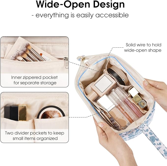 Narwey Cute Floral Makeup Bag Wide-open Make up Bag Travel Cosmetic Organizer Toiletry Bag for Cosmetics Toiletries Accessories (Blue Flower)