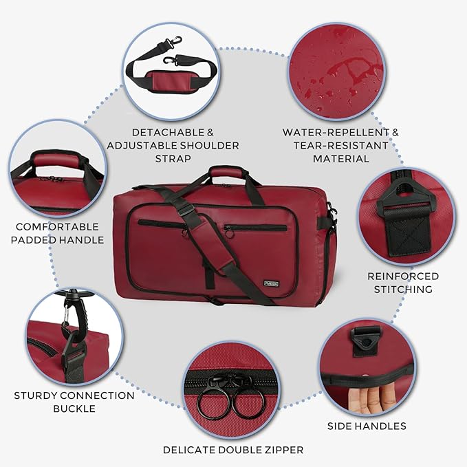 Fmeida 65L Duffle Bag with Shoes Compartment, Foldable Travel Duffel Bags for Men Women, Large Packable Travel Bag Water Repellent & Tear Resistant (Red)