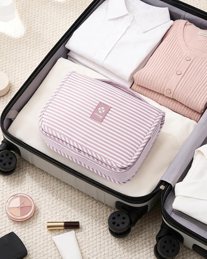 Narwey Small Hanging Toiletry Bag for Travel Women Girl, Striped Toiletries Travel Bag with Hook, Hanging Makeup Bag Organizer Make Up Cosmetic Bags (Dusty Pink Stripe)