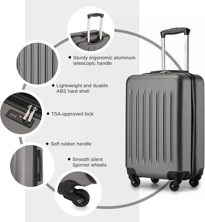 Kono 20-Inch Small Hardside Carry-on Suitcase with Spinner Wheels, Lightweight ABS+PC Rolling Cabin Suitcase for Airplane Travel (Grey, for 1-3 Days of Travel)