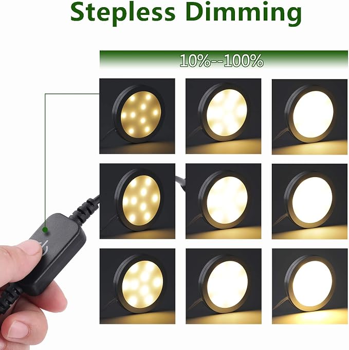 AIBOO Under Cabinet LED Black Cover Puck Lighting Kit with Touch Dimmer Switch for Kitchen Cupboard Closet Lighting (3 Lights,Warm White)