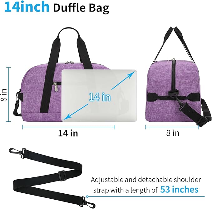 Small Gym Bag 14 inch lightweight Carry On Mini Duffel Bag for Travel Sport - Lavender Purple