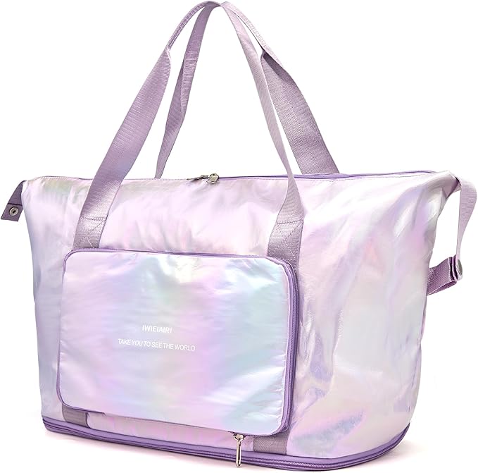 IwIeIaIrI Weekender Overnight Bags for Women Men,Waterproof Lightweight Foldable Gym Duffel Dance Bag for Girls Kids Women Weekend Travel with Laser Color (Purple)