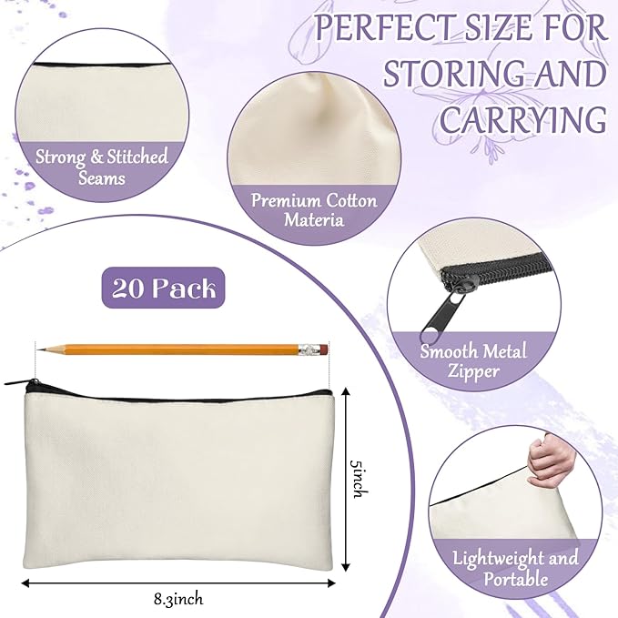 Legigo Blank Canvas Bag Zipper Pouch Makeup Bags Bulk - Multi-Purpose Canvas Pencil Pouch with Sturdy Zipper, Cosmetic Bag Travel Toiletry Bag for DIY Craft Projects, Storage (8.3 x 5 inches)