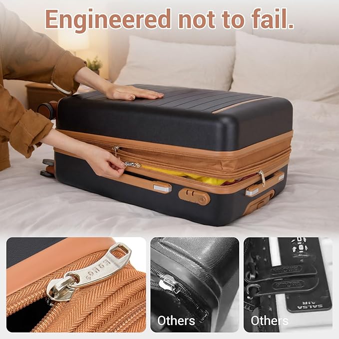 Kono Expandable 20 Inch Carry On Suitcase Airline Approved, Lightweight ABS+PC Hardshell Luggage with 360° Silent Spinner Wheels, Black/Brown