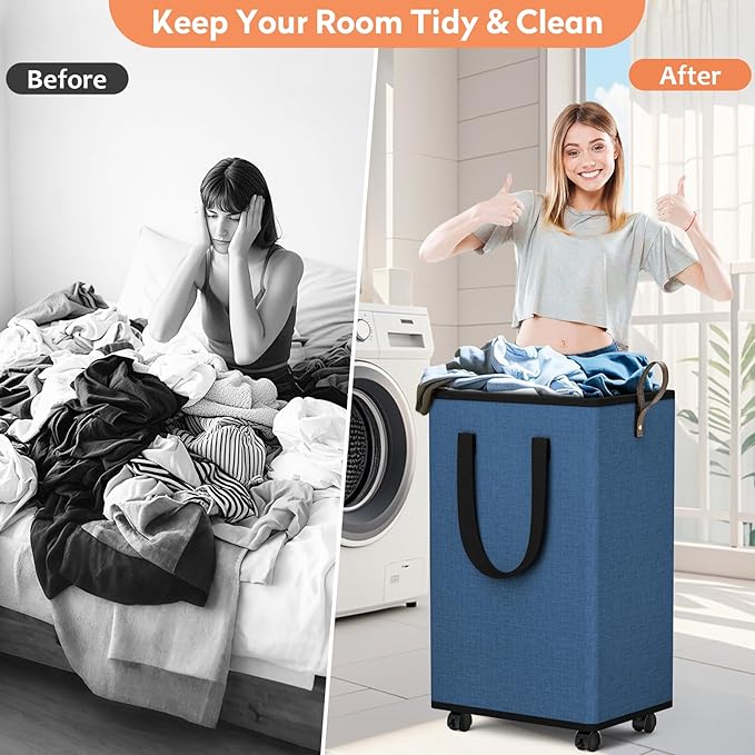 Laundry Basket with Wheels, Collapsible Laundry Baskets, Laundry Hamper with Handles Detachable Wheels, Rolling Laundry Basket, Dirty Clothes Hamper for Bathroom, Dorm, Bedroom, Navy, 100L