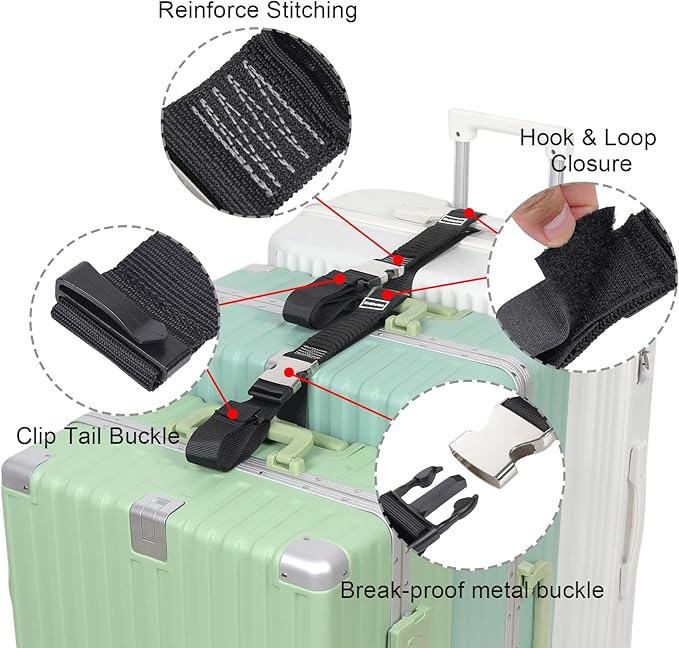 Luggage Straps, Stretchable Luggage Connector Straps for Suitcases, Metal Buckle Add A Bag Adjustable Attachment Accessories Belts (Black-Metal Buckle, 1.5" W)