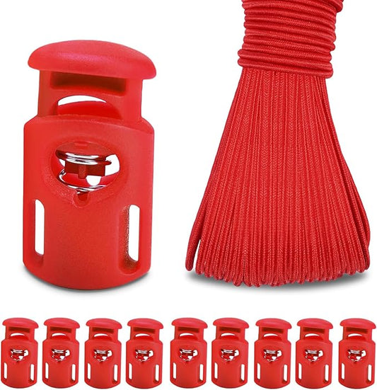 10 Meter 3mm(1/8Inch) Elastic Bungee Shock Cord Stretch String, 25pcs Plastic Cord Locks Spring Toggle Stopper for Drawstring Backpack Shoelaces(Red)
